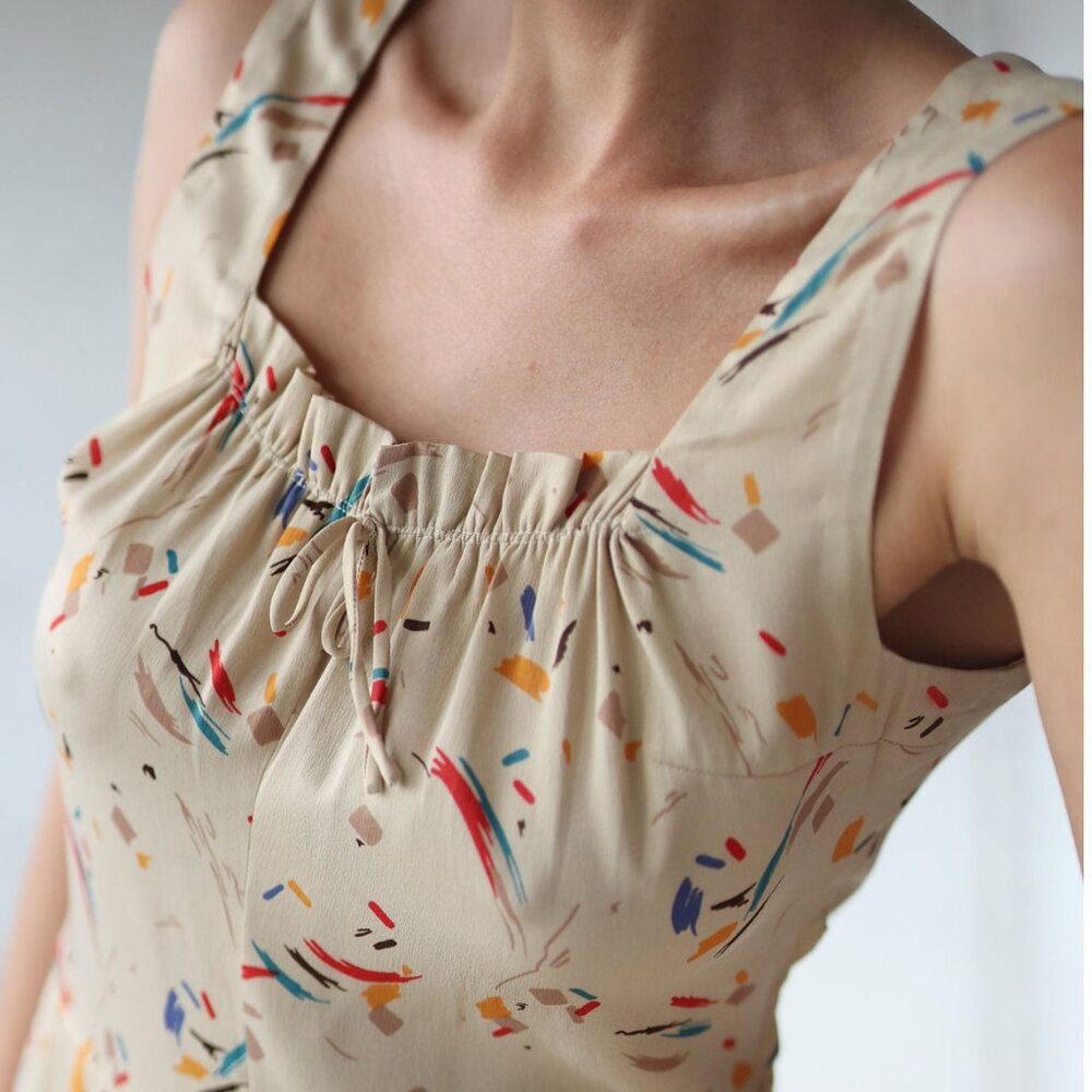 Vintage beige abstract print knee midi dress S M